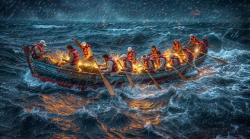 Team rowing a boat wearing life jackets on a stormy sea at night, AI generated
