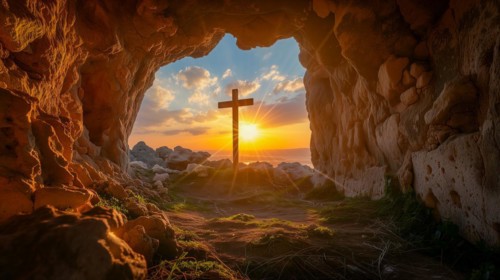 Easter concept cross on Golgotha Calvary hill against a dramatic sunset seen from open tomb of