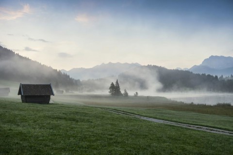 Sunrise and morning fog, Geroldsee or Wagenbruechsee, Kruen near Mittenwald, Werdenfelser Land,