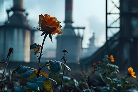 Wilted flowers against a backdrop of industrial smokestacks, AI generated