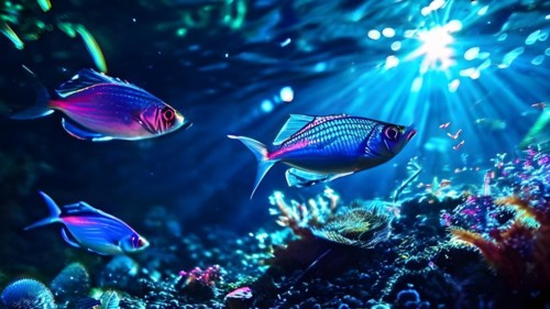 Neon tetras amidst the sun, AI generated, deep sea, fish, squid, bioluminescent, glowing, light,