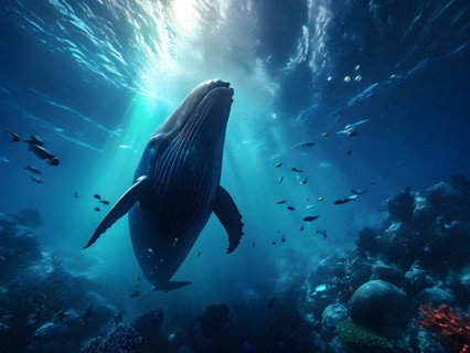 Sperm whale dives into the abyss, AI generated, deep sea, fish, squid, bioluminescent, glowing,