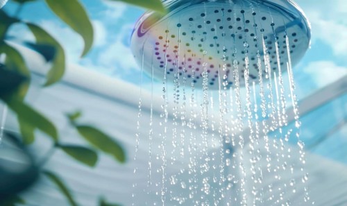 Water streaming down from a shower head with a soft-focus background AI generated