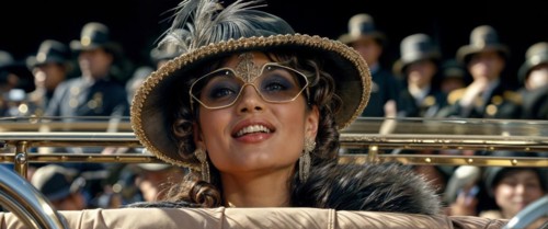 Smiling woman in vintage clothing and feathered hat enjoying a parade, exuding elegance, AI