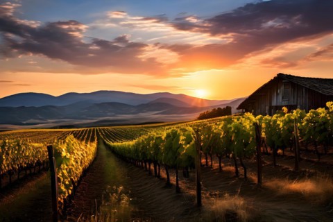 Vineyard at peak season grapevines in orderly rows, AI generated