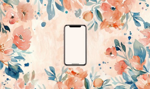 Smartphone with blank screen mockup on delicate watercolor floral seamless background AI generated