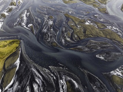 Overgrown river landscape, Eldhraun, near Kirkjubaejarklaustur, drone image, Sudurland, Iceland,
