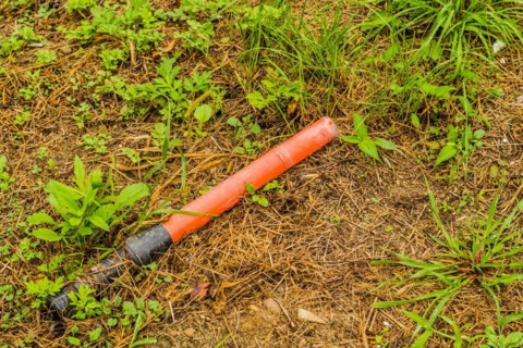 An orange tube on the grassy ground, symbolizing the issue of littering in natural areas, in South