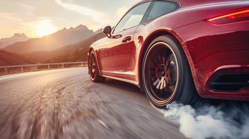 Red luxury sporty coupe german car in high speed motion blur with smoke, speeding at sunset with