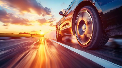 Car captured from the side in motion during golden hour with clear sky and reflections, low ultra