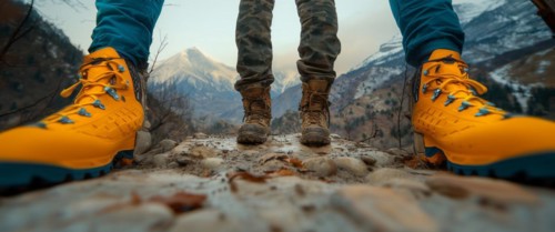 Adventurers' feet facing a majestic mountain range, AI generated