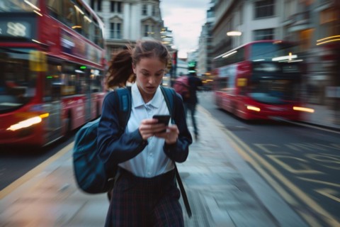 A young woman in a hurry looks at her smartphone on a busy street, symbolic image for accident risk