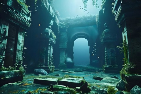 Deep sea submersible bathed in artificial light navigates through murky waters, AI generated, deep