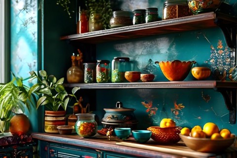 Boho kitchen shelf eclectic mix of colorful ceramic pots hanging cast iron pans shelves adorned, AI