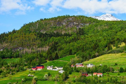 Mountains and Fjord over Norwegian Village, Olden, Innvikfjorden, Norway, Europe
