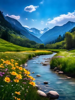 Tranquil river serpentine path through a vibrant green valley, AI generated