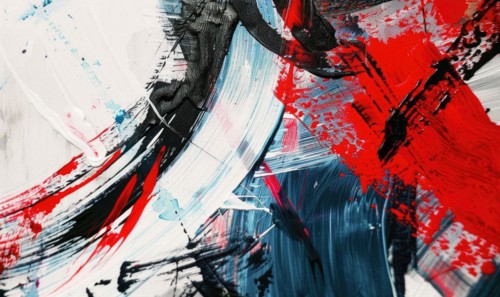 Multicolored brush stroke artwork with a mixture of thick and thin strokes on a white surface,