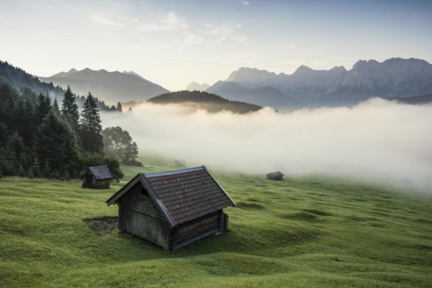 Sunrise and morning fog, Geroldsee or Wagenbruechsee, Kruen near Mittenwald, Werdenfelser Land,