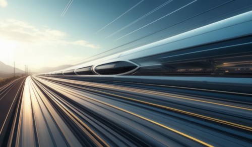 High-speed train in motion on tracks at dusk with a sleek design, ai generated, AI generated