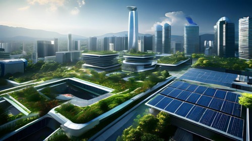 Conceptual futuristic sustainable city replete with green rooftops and integrated solar panels, AI