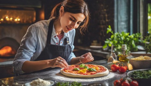 Artisan pizza maker making a rustic pizza, ingredients, kitchen, AI generated, AI generated