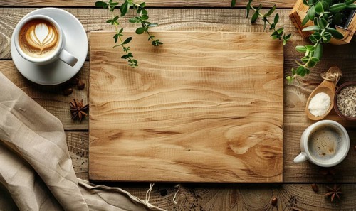 Overhead view of a coffee cup with latte art on a wooden cutting board surrounded by herbs AI