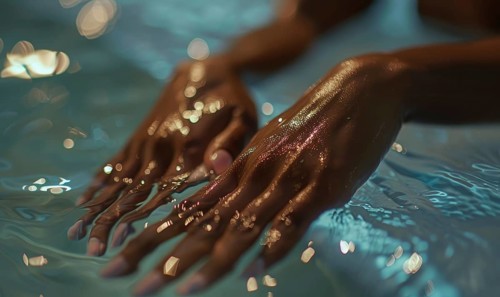 Hands covered in sparkling water drops against a reflective surface, suggesting tranquility and