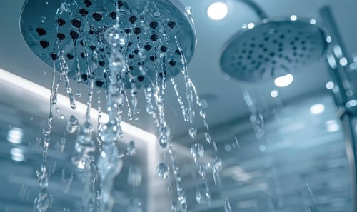 A luxurious bathroom setting with multiple shower heads pouring water AI generated