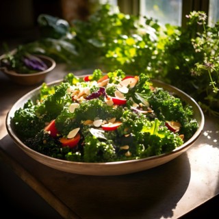 Hearty kale and almond salad glistens under the morning sun inside a sun drenched greenhouse, AI