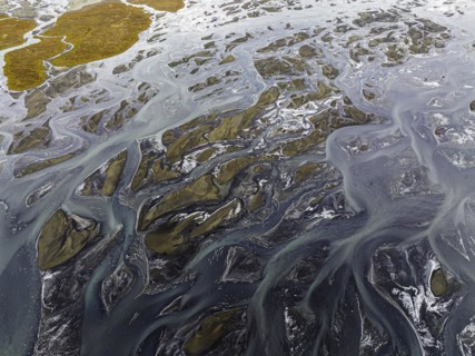 Overgrown river landscape, Eldhraun, near Kirkjubaejarklaustur, drone image, Sudurland, Iceland,