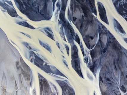 Overgrown river landscape, drone shot, Sudurland, Iceland, Europe