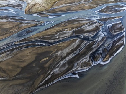 Overgrown river landscape, drone shot, Fjallabak Nature Reserve, Sudurland, Iceland, Europe