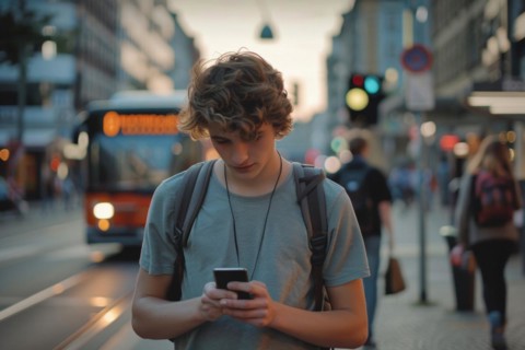 Pupil looking at his smartphone at a bus stop, symbolic image for accident risk due to media