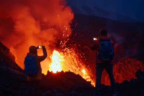 Tourists, onlookers photograph a spectacular volcanic landscape with liquid, partially cooled lava