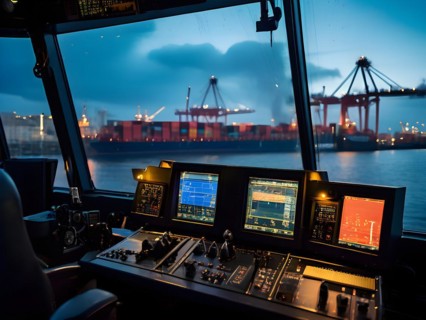 Crane operators cabin at a bustling seaport array of containers and ships, AI generated