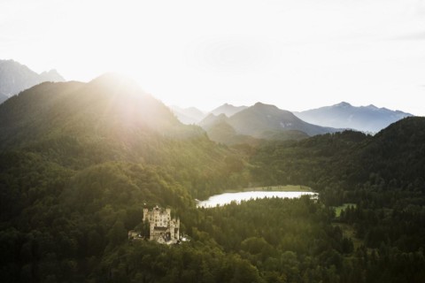 Hohenschwangau Castle, foehn storm, sunset, near Fuessen, Ostallgaeu, Allgaeu, Bavaria, Germany,