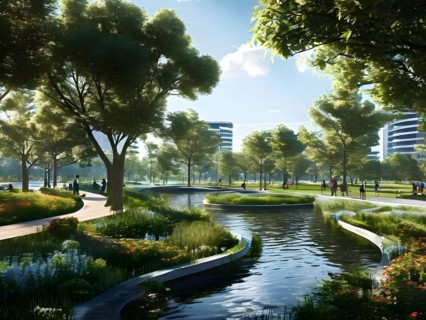Concept of city park with integrated flood mitigation system water channels and reservoir, AI