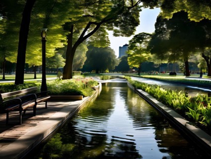 Concept of city park with integrated flood mitigation system water channels and reservoir, AI