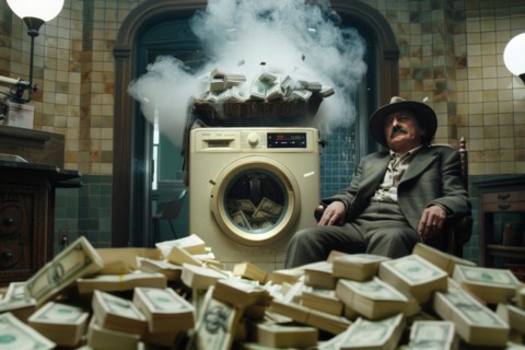 A man in an elegant suit sits relaxed on a chair, surrounded by an overloaded and smoking washing