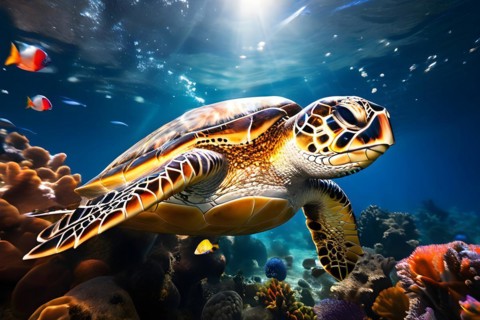 Sea turtle swimming in vibrant reef, AI generated, deep sea, fish, squid, bioluminescent, glowing,