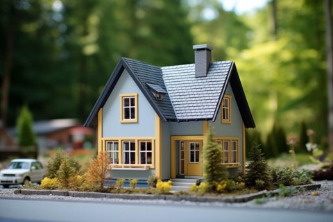 Tiny house in the countryside shot with tilt-shift technique. Adorable small home amidst nature, AI