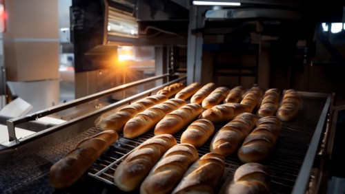 Bread production on a conveyor belt, revenue from organic bread at the factory, AI generated