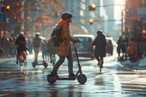 Commuter riding an electric scooter on a city street with morning backlight, urban transportation