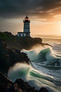 Lighthouse nestled against a vast ocean with waves rhythmically crashed onto the rocky shoreline,