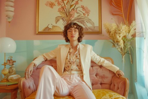 Fashion-forward individual in a pastel retro setting with styled hair and vintage appeal, AI