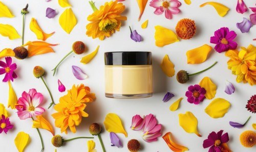 Creme jar blank mockup adorned with flower petals in various hues AI generated