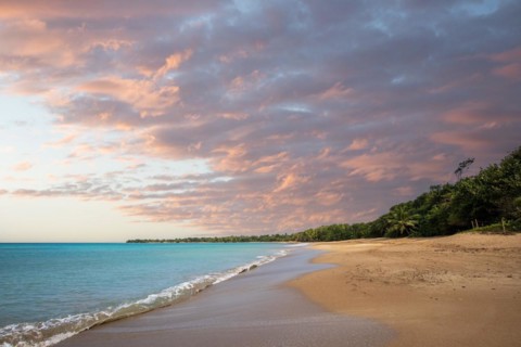 Lonely, wide sandy beach with turquoise-coloured sea. Tropical plants in a bay at sunset in the