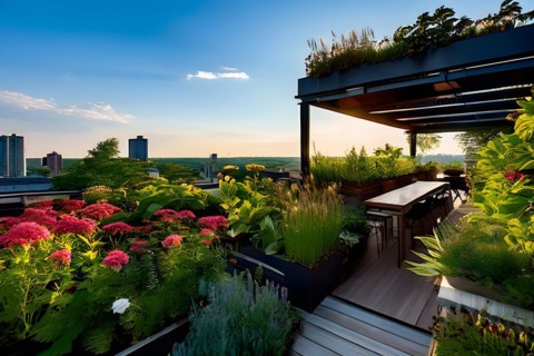 Urban rooftop garden brimming with verdant plants blossoming flowers embodying a sustainable city,