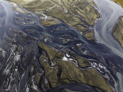 Overgrown river landscape, Eldhraun, near Kirkjubaejarklaustur, drone image, Sudurland, Iceland,