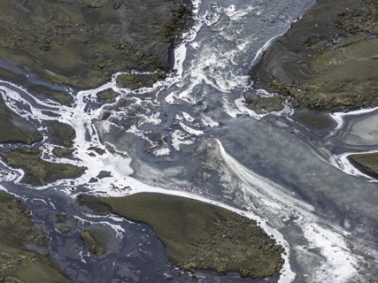 Overgrown river landscape, Fjallabak Nature Reserve, drone shot, Sudurland, Iceland, Europe